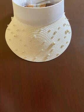 Pearl-Embellished White Straw Visor